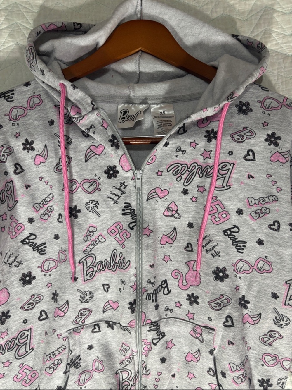 Barbie Gray Zip-Up Hoodie with Pink Drawstrings and All-Over Logo Print - Picture 3 of 5